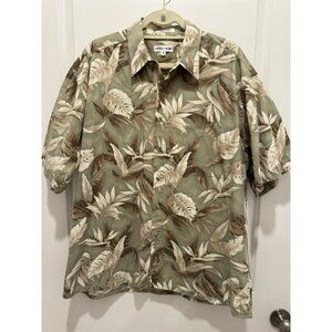 Pierre Cardin Button Up Shirt XL Vacation Cruise Green Beige Tropical Leaf Print